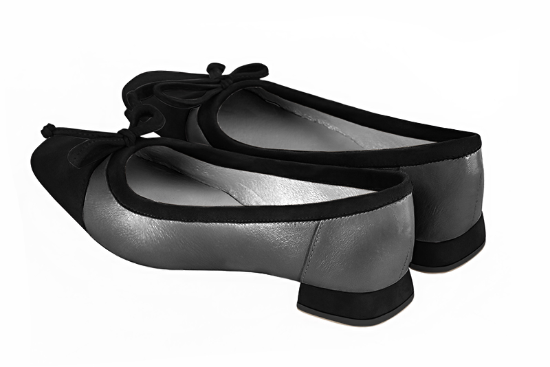 Matt black and dark silver women's ballet pumps, with low heels. Square toe. Flat flare heels - Florence KOOIJMAN